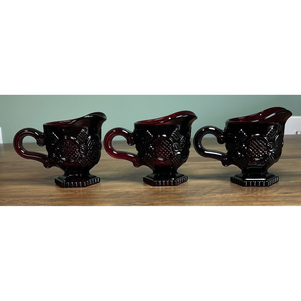 Avon 1876 Cape Cod Ruby Red Glass Creamer Set of 3 Vintage Pressed Glass